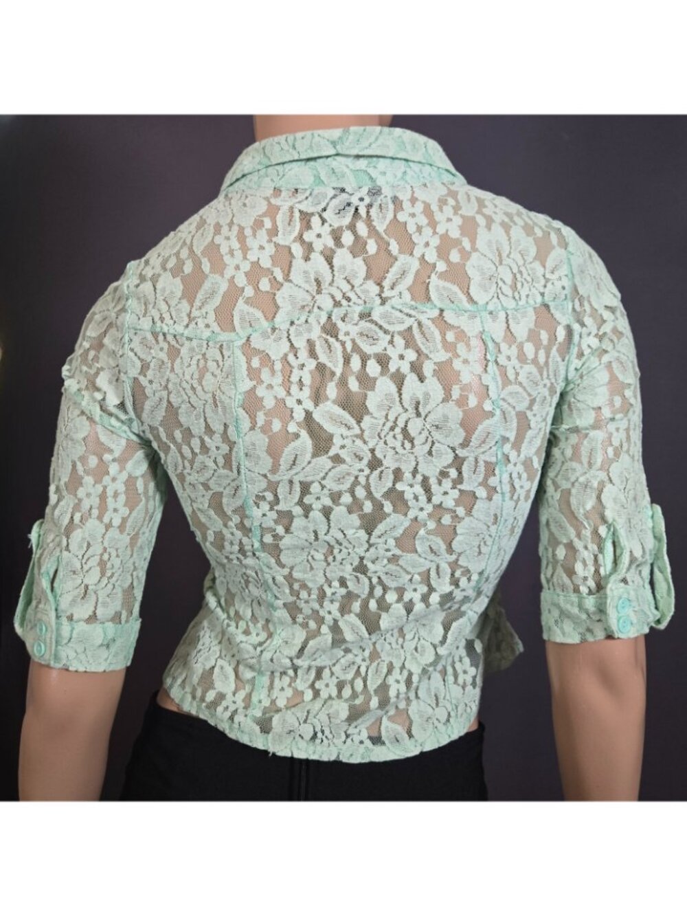 Y2K Aqua Mint Green Lace Button Up Blouse Size XS Office Siren Fairy Coquette - Picture 10 of 11